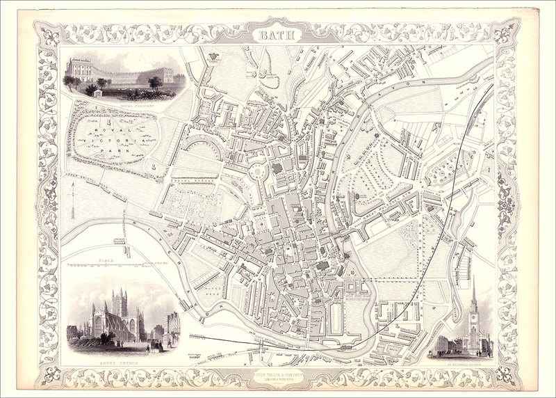 Classic Vintage City Map of Bath, England 1851