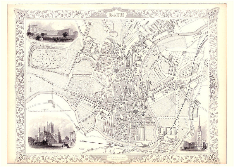 Classic Vintage City Map of Bath, England 1851