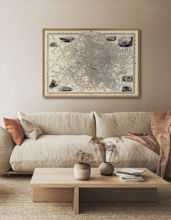 Classic Vintage City Map of Birmingham, England 1851