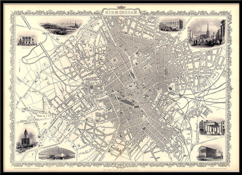 Classic Vintage City Map of Birmingham, England 1851