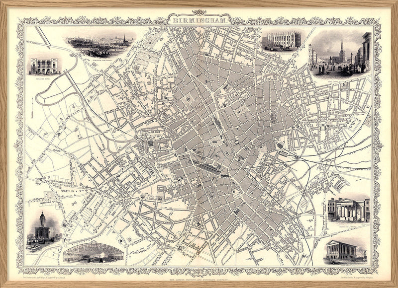 Classic Vintage City Map of Birmingham, England 1851