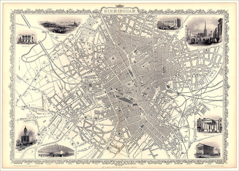 Classic Vintage City Map of Birmingham, England 1851