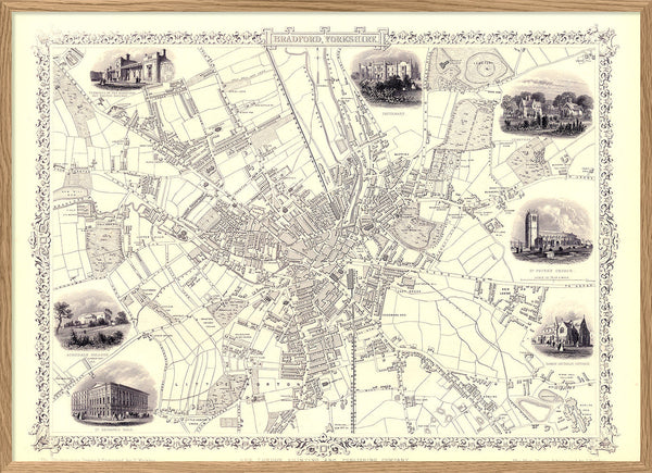 Classic Vintage City Map of Bradford, England 1851