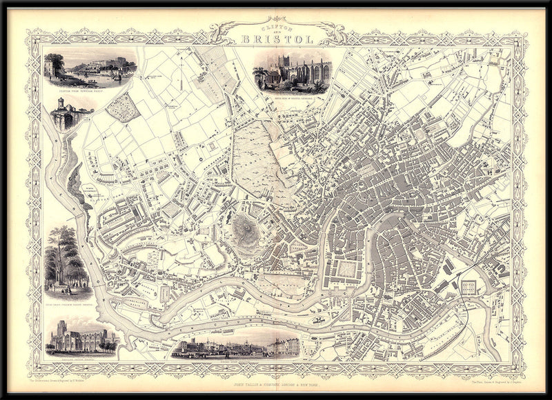 Classic Vintage City Map of Bristol, England 1851