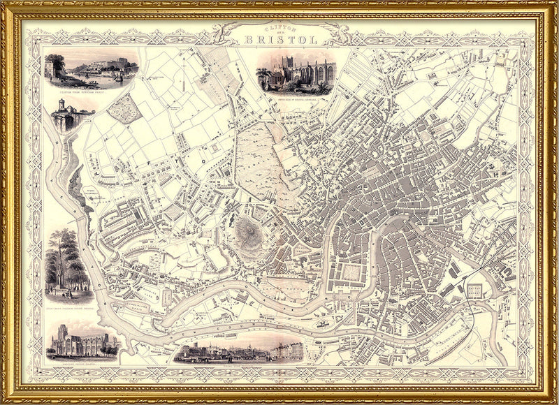 Classic Vintage City Map of Bristol, England 1851