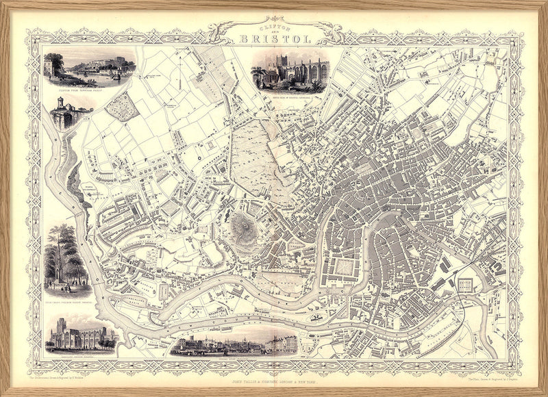Classic Vintage City Map of Bristol, England 1851