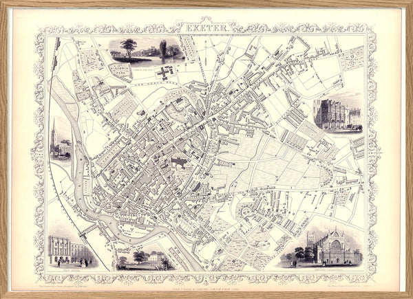 Classic Vintage City Map of Exeter, England 1851