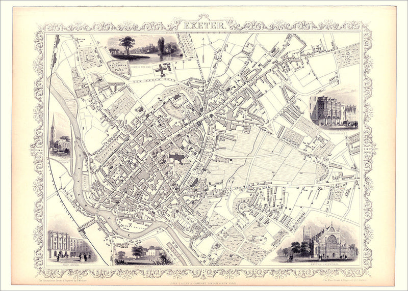 Classic Vintage City Map of Exeter, England 1851