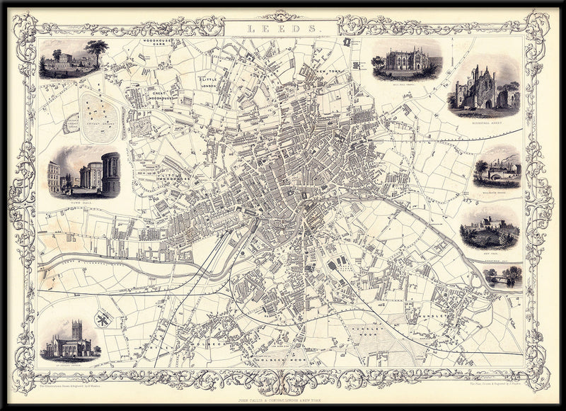 Classic Vintage City Map of Leeds, England 1851