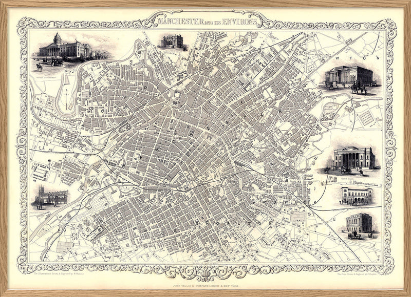 Classic Vintage City Map of Manchester, England 1851