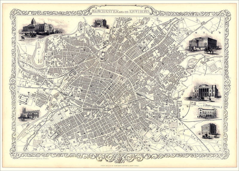 Classic Vintage City Map of Manchester, England 1851