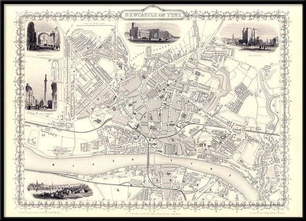 Classic Vintage City Map of Newcastle, England 1851