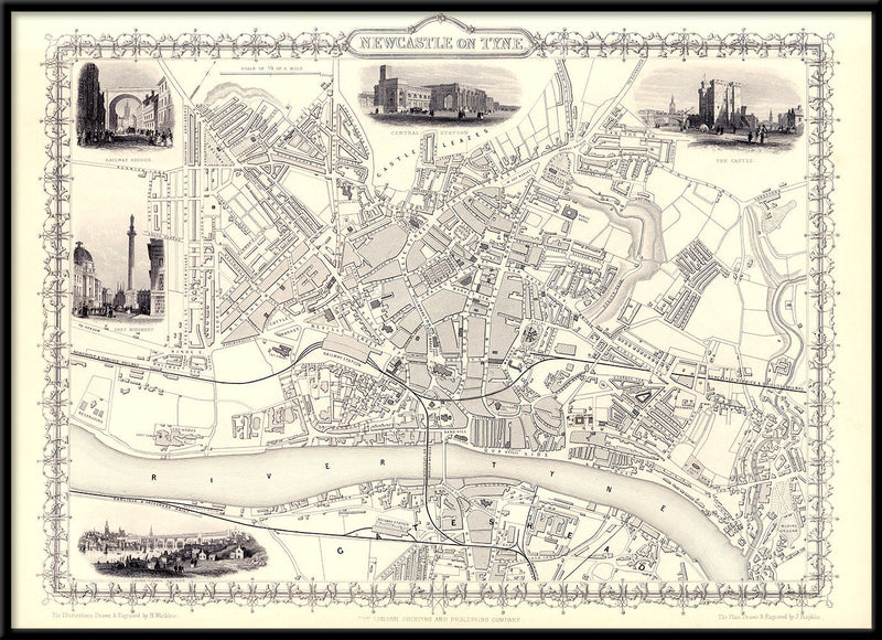 Classic Vintage City Map of Newcastle, England 1851