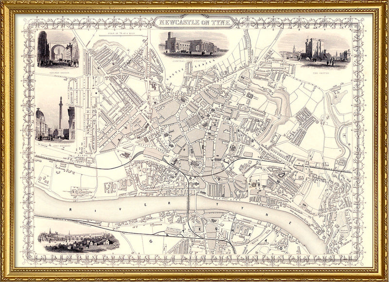 Classic Vintage City Map of Newcastle, England 1851