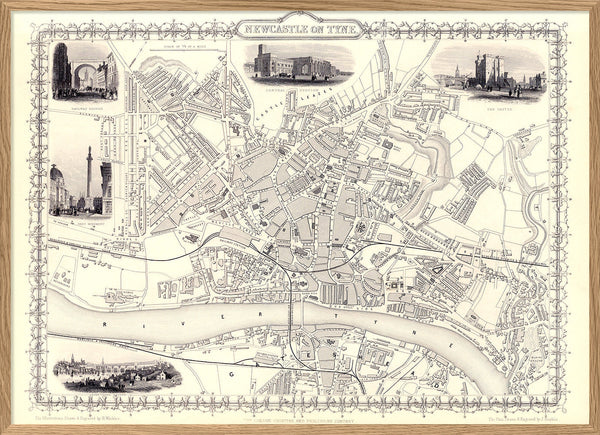 Classic Vintage City Map of Newcastle, England 1851