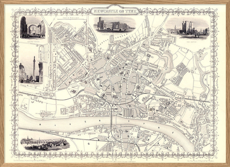 Classic Vintage City Map of Newcastle, England 1851