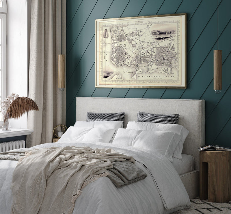 Classic Vintage City Map of Plymouth, England 1851