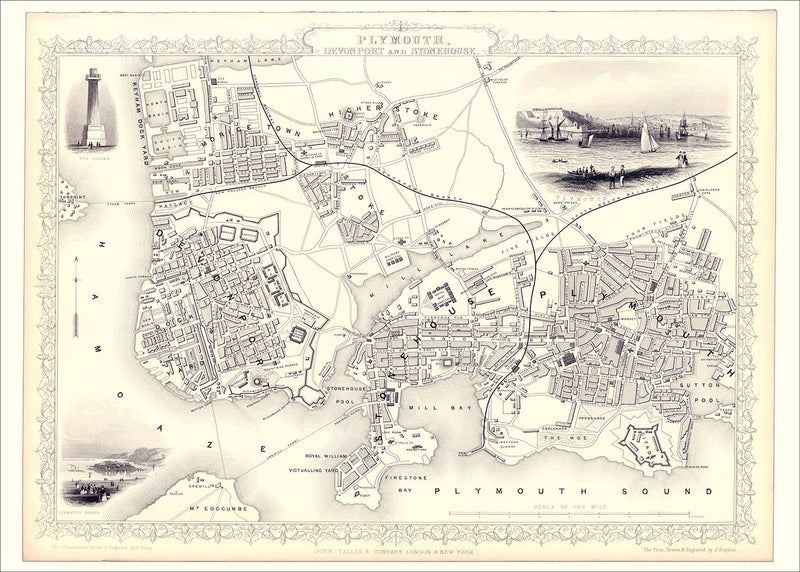 Classic Vintage City Map of Plymouth, England 1851