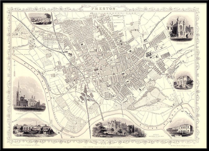 Classic Vintage City Map of Preston, England 1851