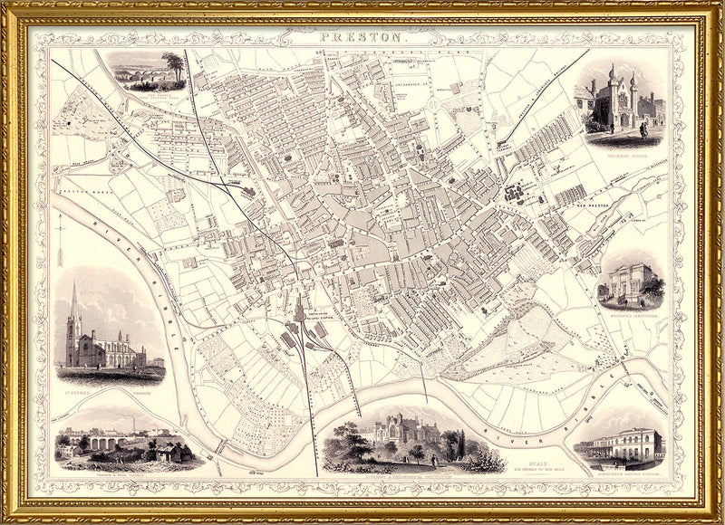 Classic Vintage City Map of Preston, England 1851
