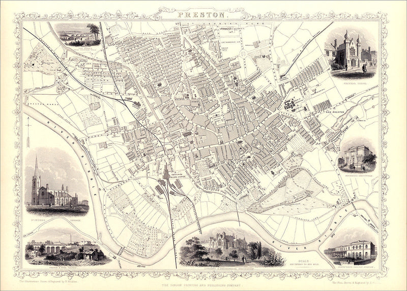 Classic Vintage City Map of Preston, England 1851