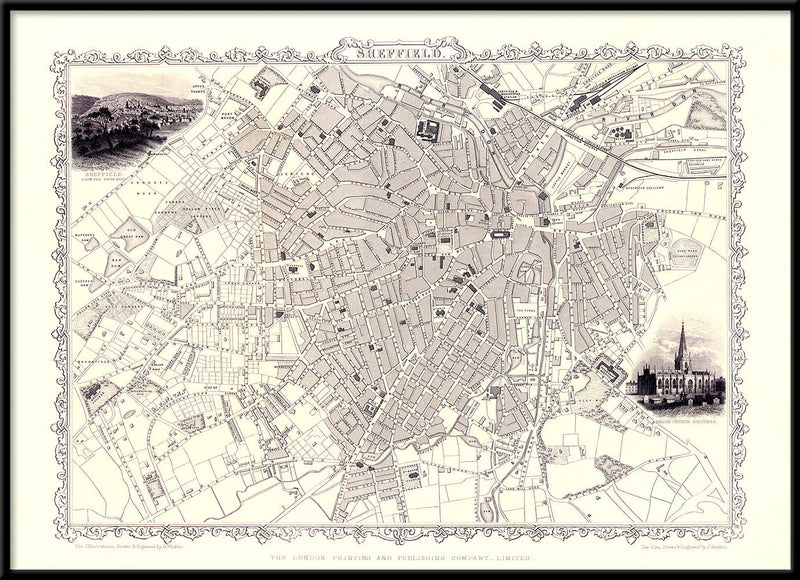 Classic Vintage City Map of Sheffield, England 1851