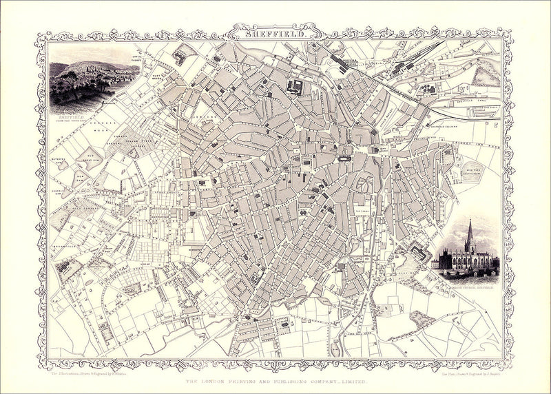 Classic Vintage City Map of Sheffield, England 1851