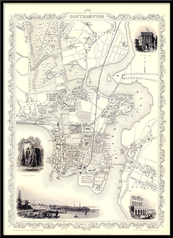 Classic Vintage City Map of Southampton, England 1851