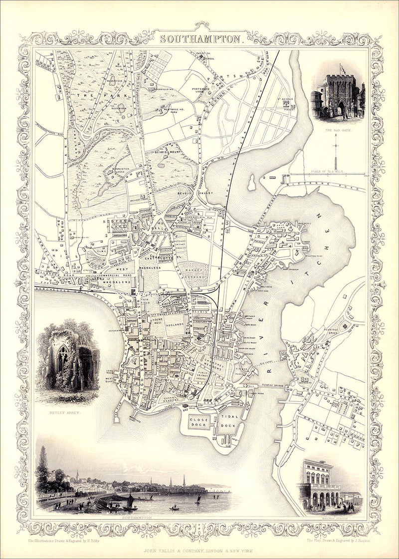 Classic Vintage City Map of Southampton, England 1851