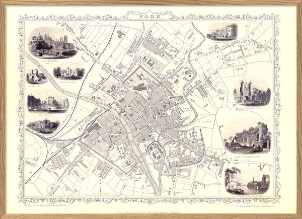 Classic Vintage City Map of York, England 1851