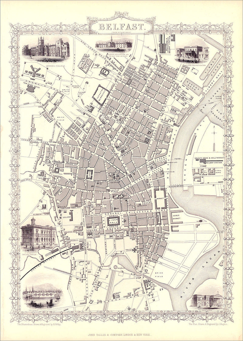 Classic Vintage City Map of Belfast 1851