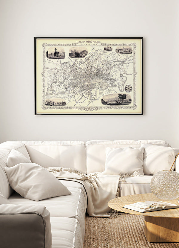 Classic Vintage City Map of Glasgow, Scotland 1851