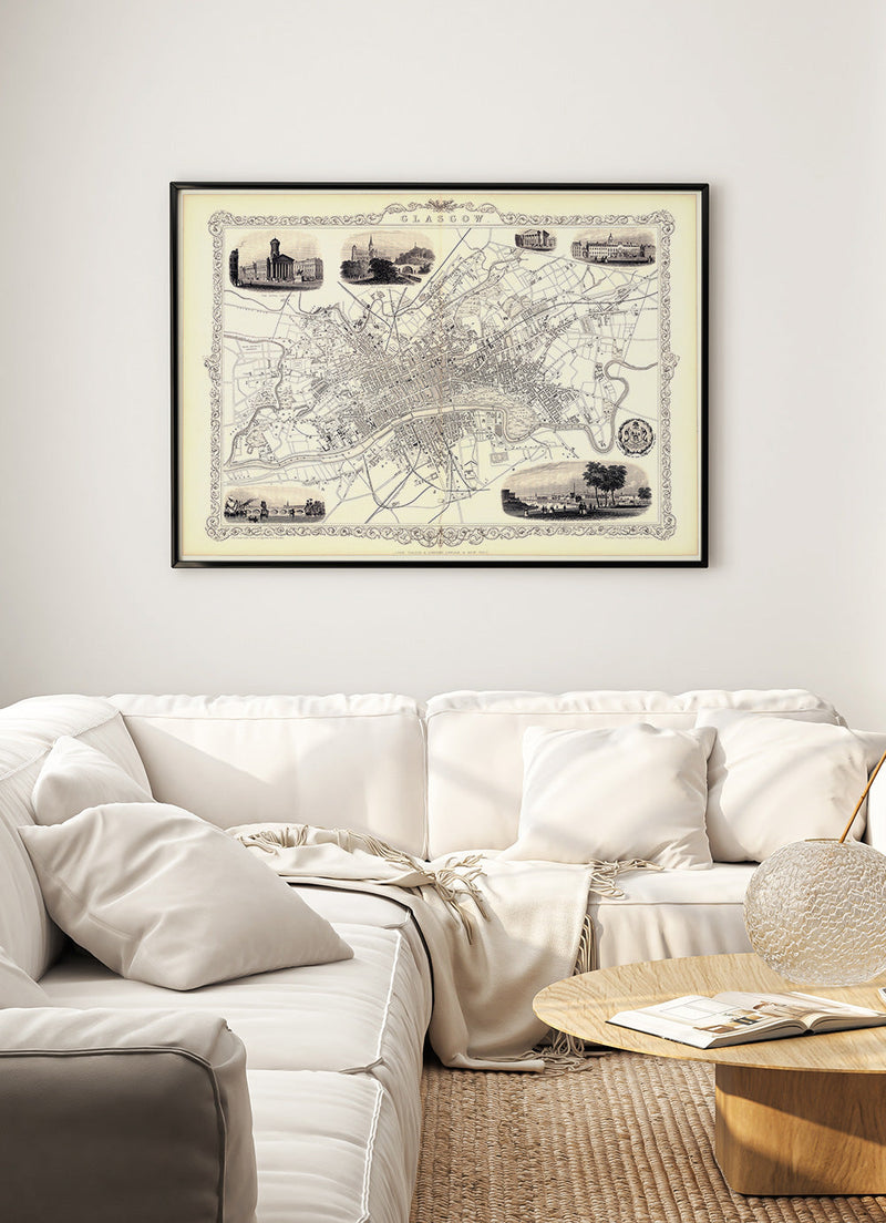 Classic Vintage City Map of Glasgow, Scotland 1851