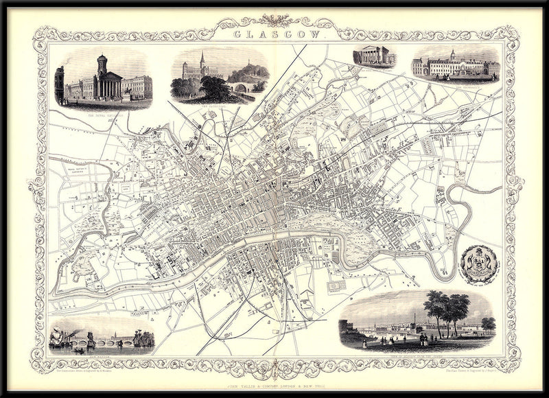 Classic Vintage City Map of Glasgow, Scotland 1851