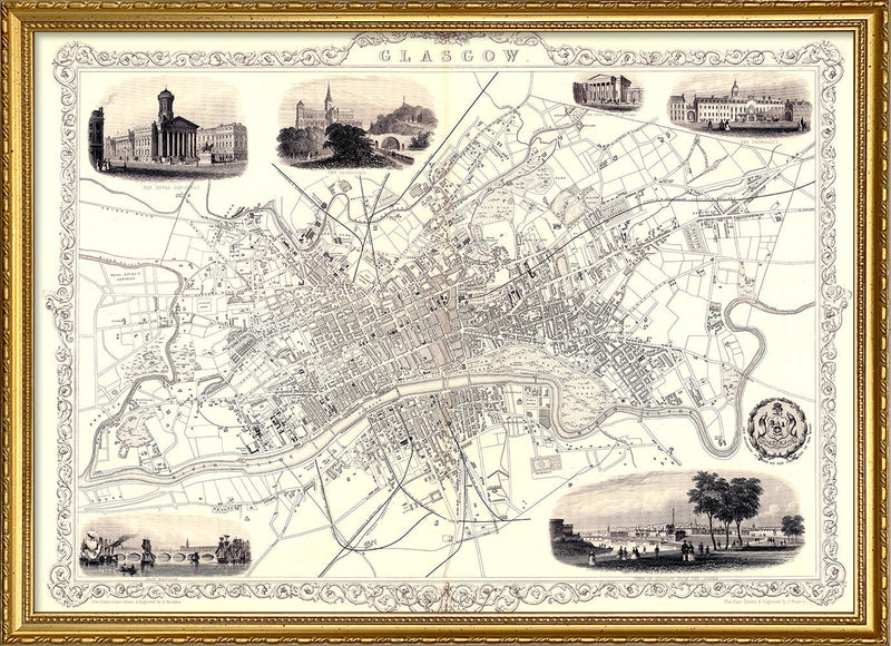 Classic Vintage City Map of Glasgow, Scotland 1851
