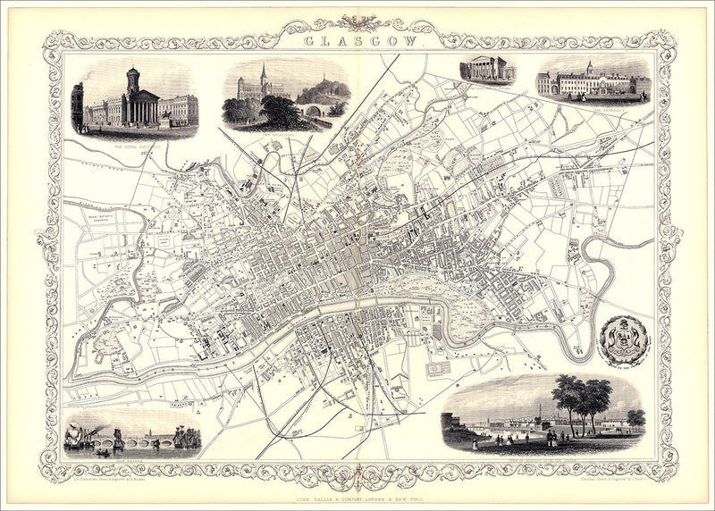 Classic Vintage City Map of Glasgow, Scotland 1851
