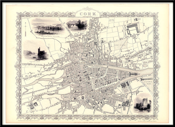 Classic Vintage City Map of Cork, Ireland 1851
