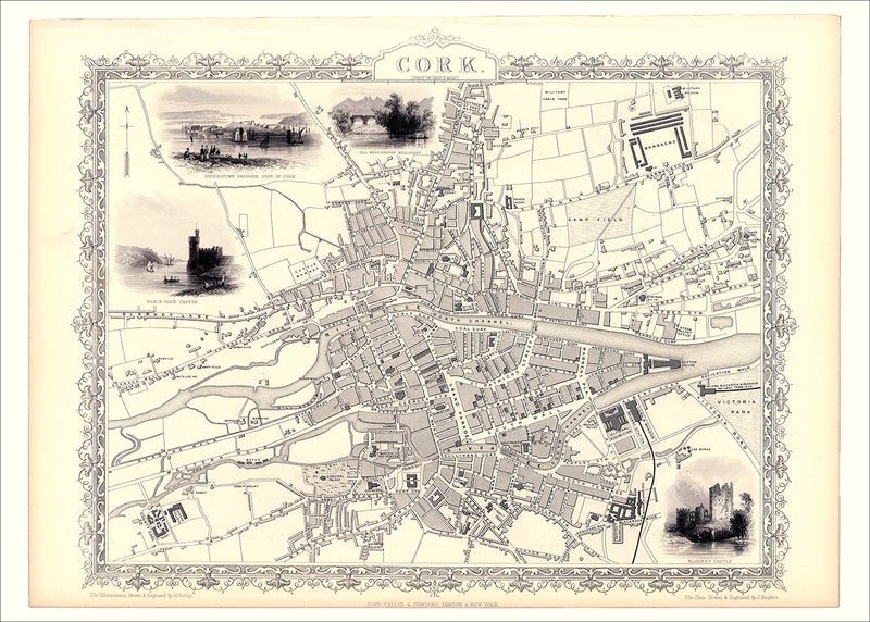 Classic Vintage City Map of Cork, Ireland 1851
