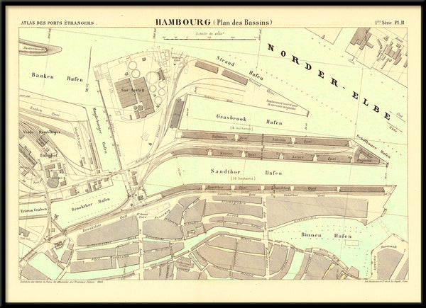 Vintage City Map of Hamburg Harbour, Germany 1884