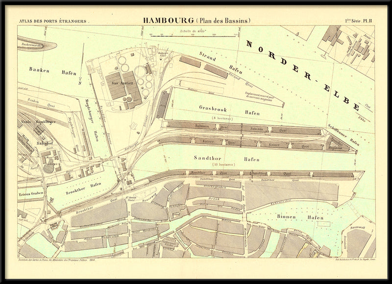 Vintage City Map of Hamburg Harbour, Germany 1884
