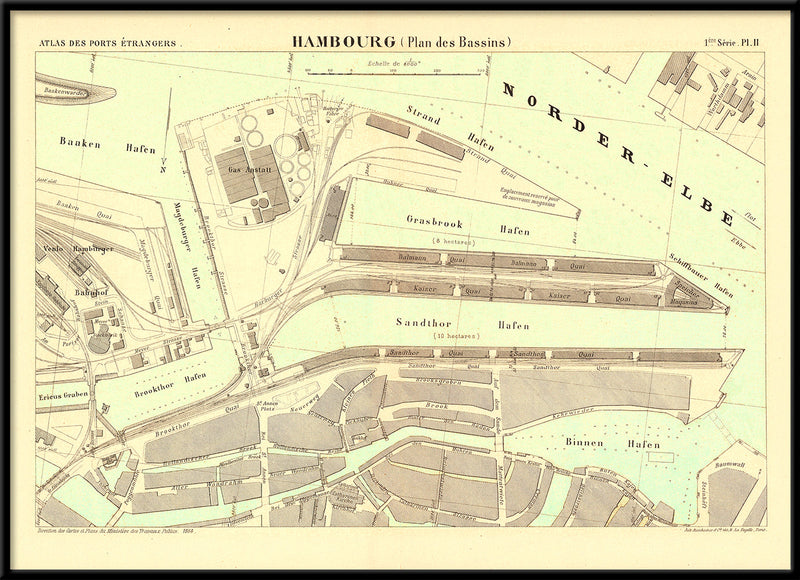 Vintage City Map of Hamburg Harbour, Germany 1884