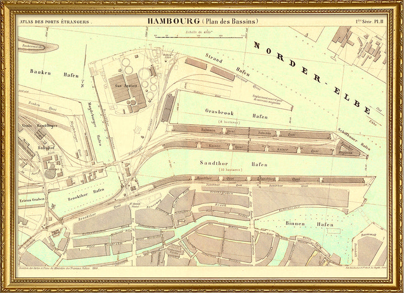 Vintage City Map of Hamburg Harbour, Germany 1884