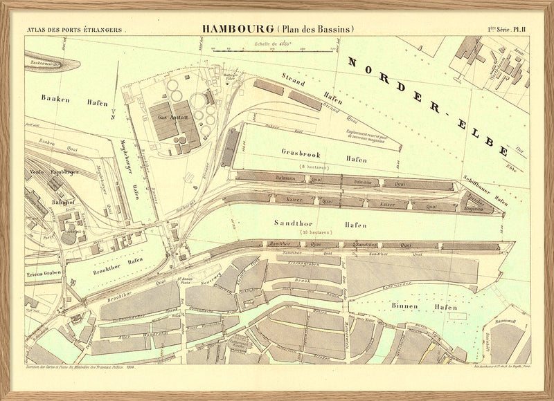 Vintage City Map of Hamburg Harbour, Germany 1884