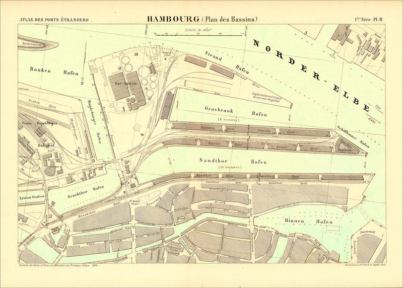 Vintage City Map of Hamburg Harbour, Germany 1884