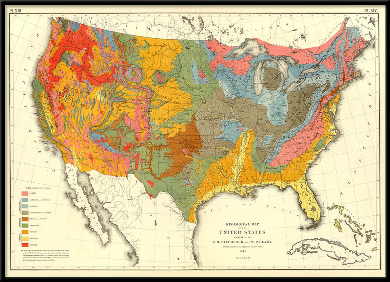 Vintage Geological map of the US, 1874