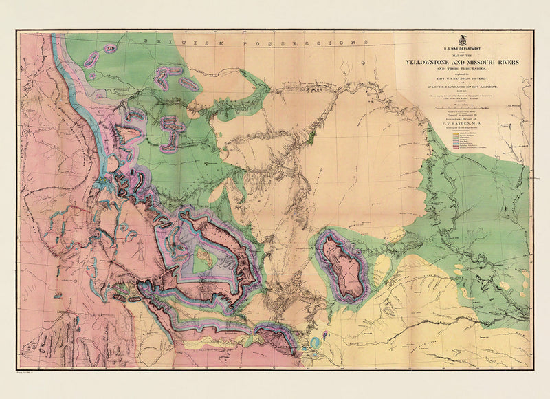 Vintage Geological map of Yellowstone & Missouri Rivers