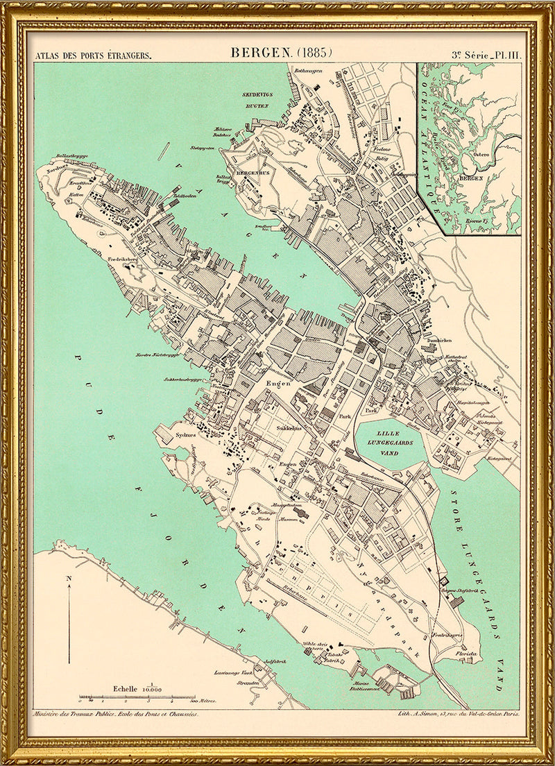 Vintage map of Bergen, Norway