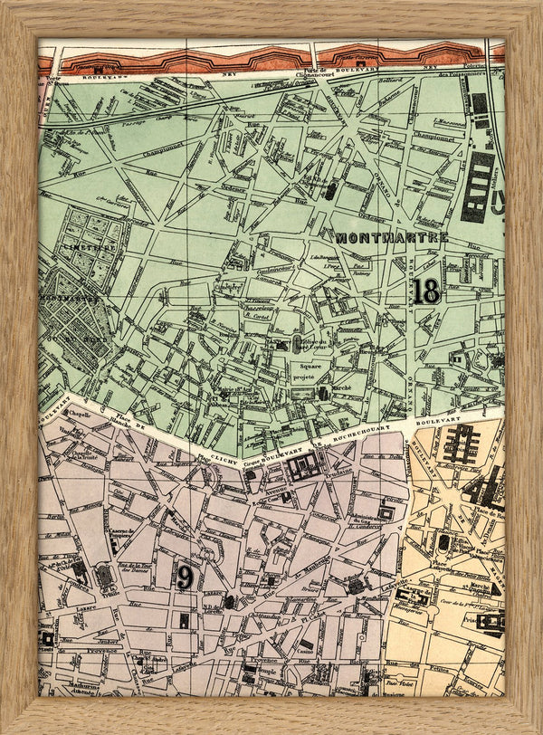 Map of Paris 9th and 18th Arrondissement Close Up. Mini Print