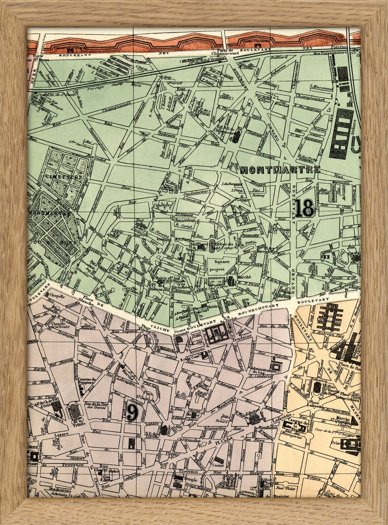 Map of Paris 9th and 18th Arrondissement Close Up. Mini Print