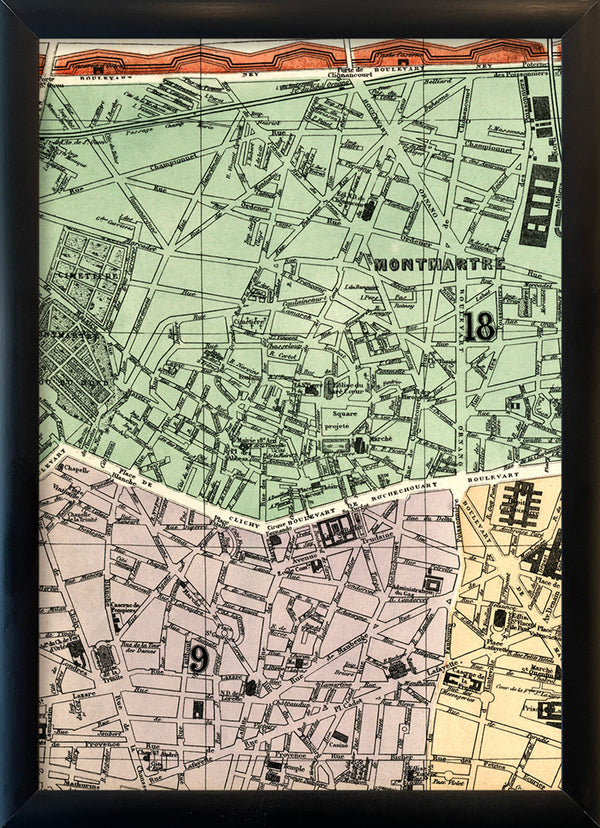 Map of Paris 9th and 18th Arrondissement Close Up. Mini Print